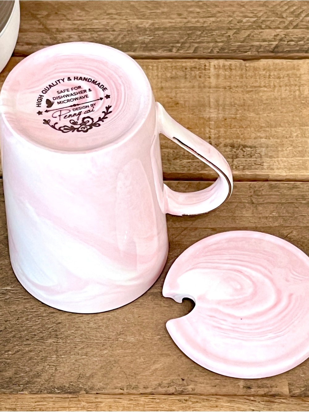 Penny Cai Pink Marble Friends Coffee Mug Ceramic Cup with Notch Lid - Picture 4 of 4